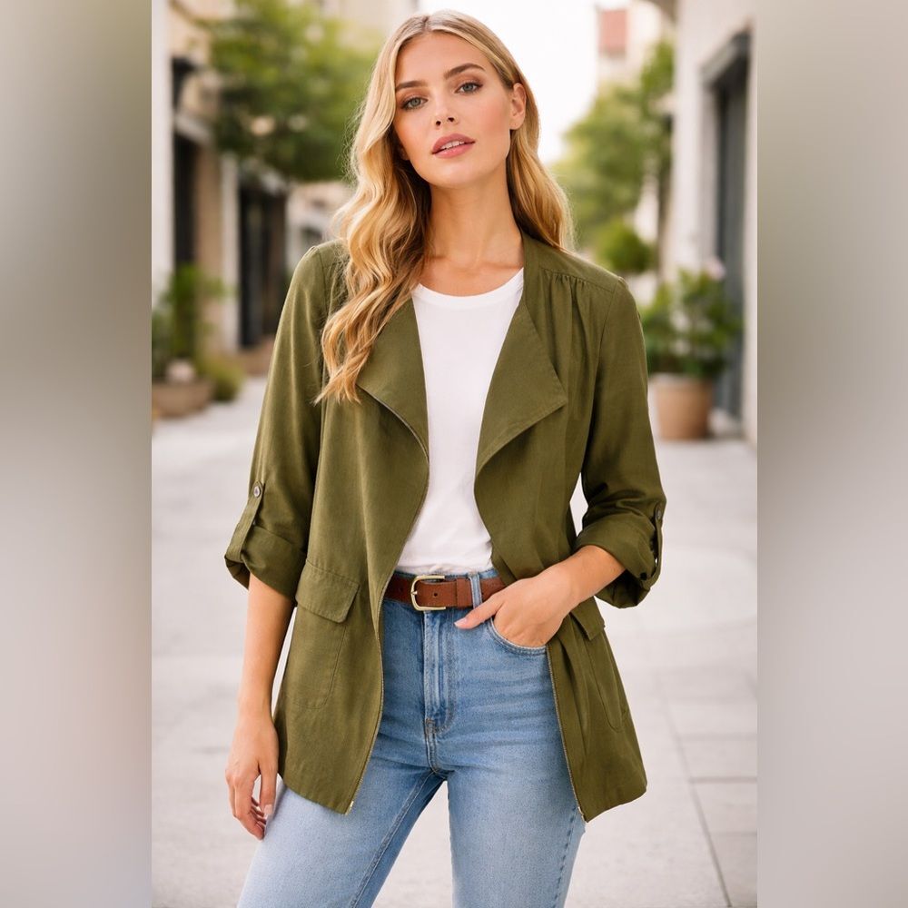 Nine West Olive Green Open Front Blazer Jacket Lightweight Roll Sleeve Medium